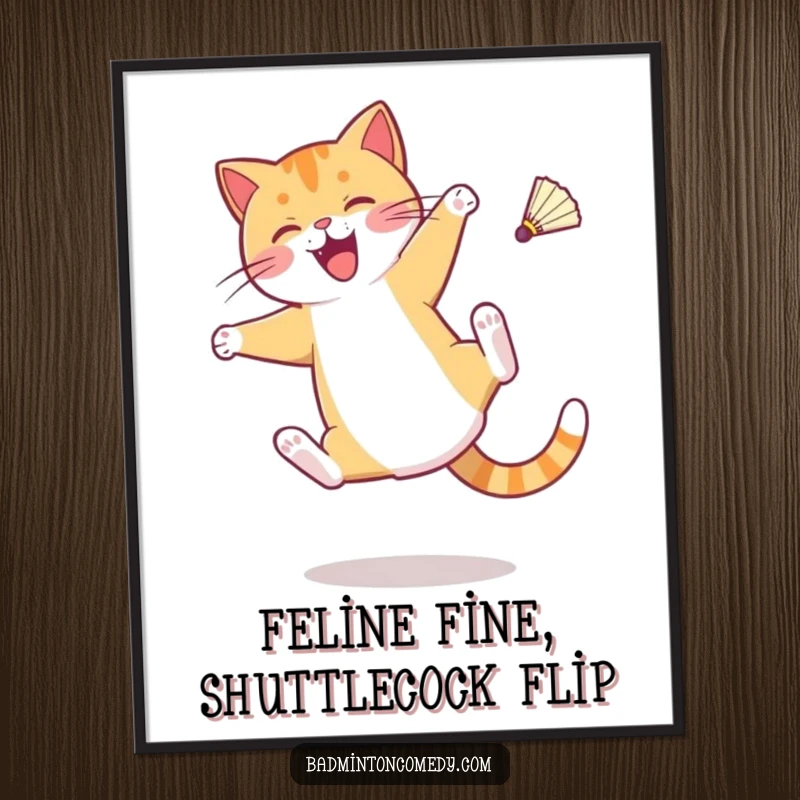 Funny Free Printable Wall Art: Cat character performing a cartwheel with a shuttlecock frozen mid-air.