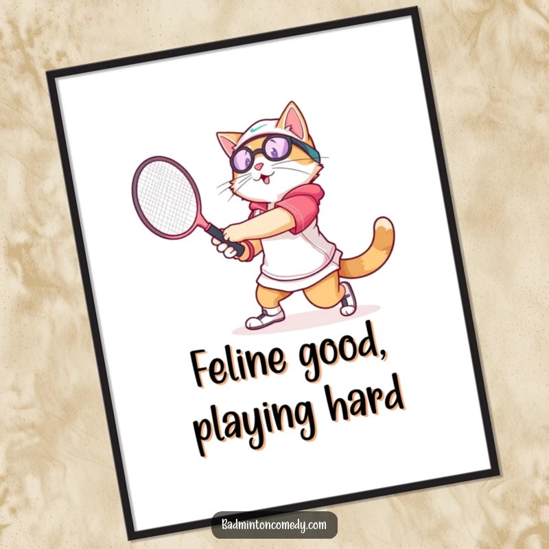 Funny Free Printable cat in athletic gear swinging a badminton racket with gusto, printable wall art.