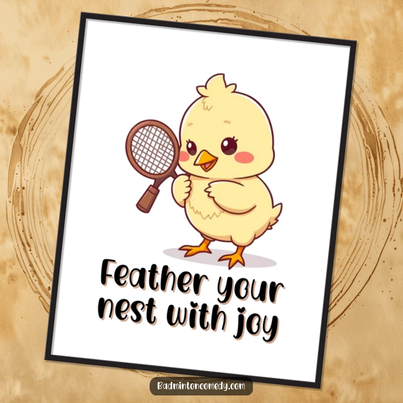 Funny Free Printable Wall Art: A cute chick with a small racket is poised to serve a shuttlecock in a fun badminton match.