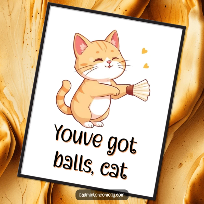 Funny Free Printable Wall Art: A cat with a playful wink gracefully strikes a shuttlecock with a badminton racket.