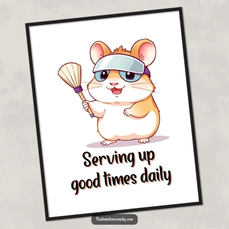 Funny Free Printable hamster wearing a visor, serving a shuttlecock with athletic focus, printable wall art.