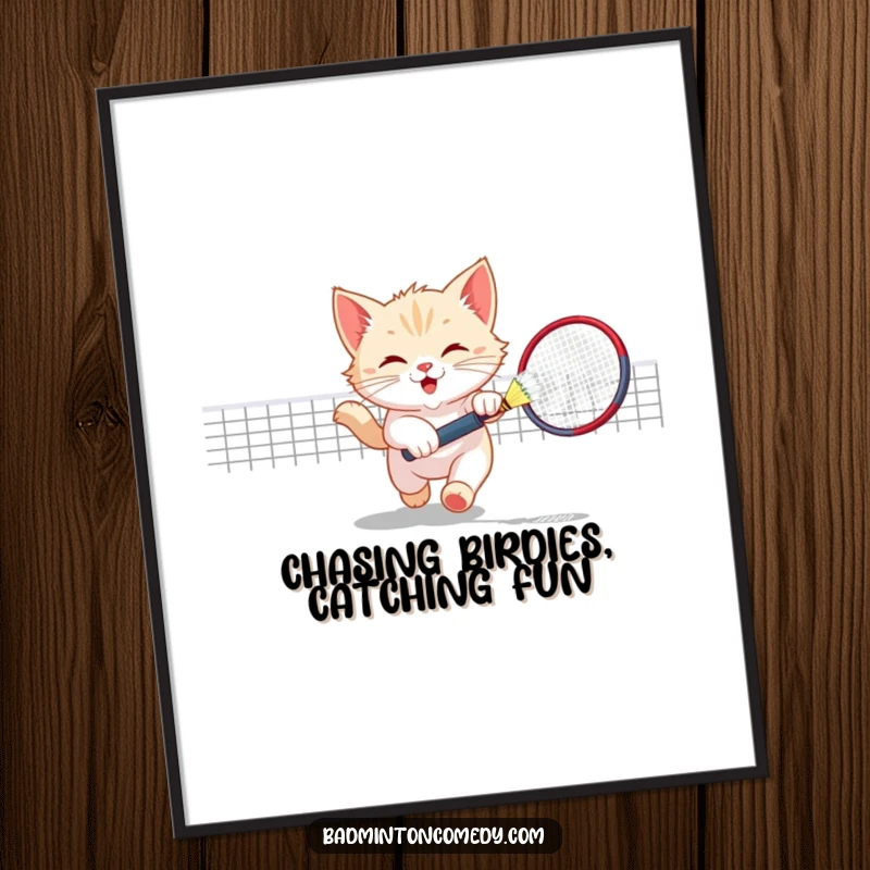 Funny Free Printable Wall Art: A mischievous kitten dynamically chasing a shuttlecock across a badminton court.