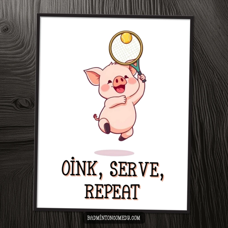 Funny Free Printable Wall Art: A gleeful piglet joyfully jumping with a racket, ready to play.