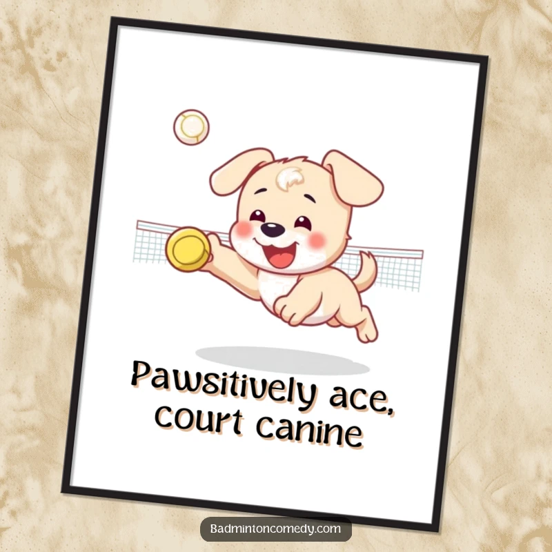 Funny Free Printable Wall Art: Happy puppy character diving with determination for a shuttlecock on a court.