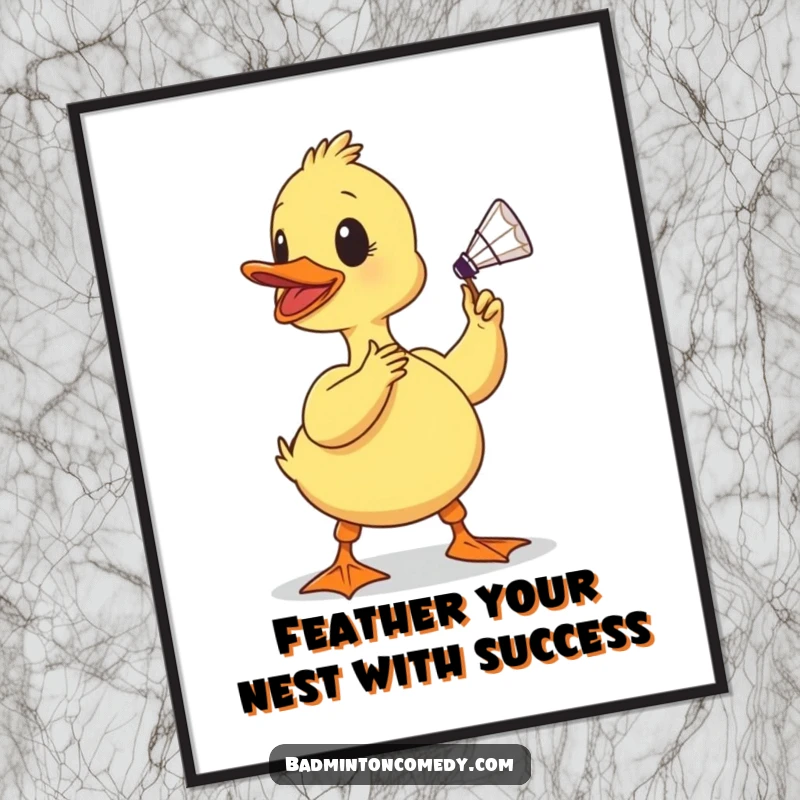 Funny Free Printable Wall Art: Determined duckling about to smash a shuttlecock, bringing athletic humor to your space.