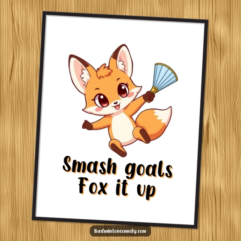 Funny Free Printable Wall Art: Energetic Fox Leaping with Wide Eyes to Smash a Shuttlecock.