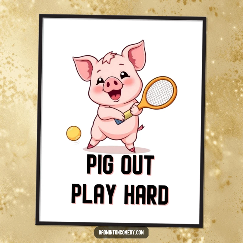 Funny Free Printable Wall Art: Happy Piglet Enthusiastically Returning a Shot with a Racket.