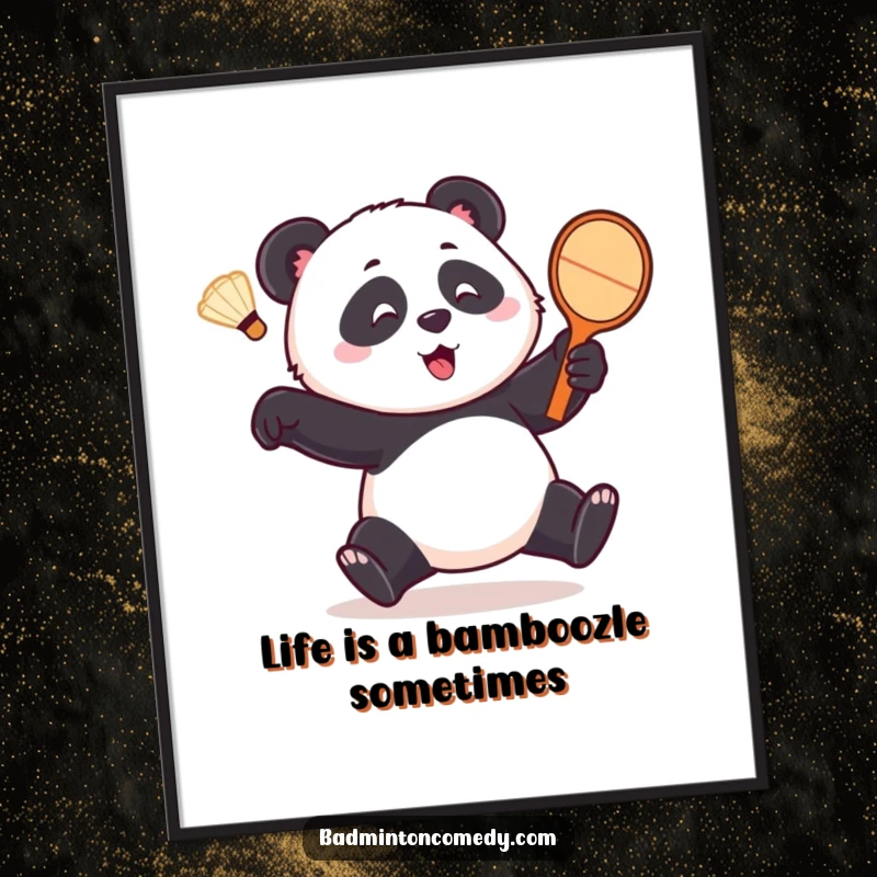 Funny Free Printable Wall Art: Playful panda comically chasing a shuttlecock with a racket, adding humor to decor.