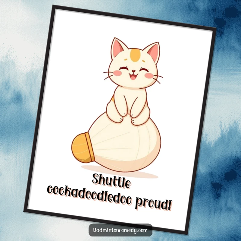 Funny Free Printable Wall Art: A happy cat sitting proudly on a giant shuttlecock, depicting quirky achievement and joy.