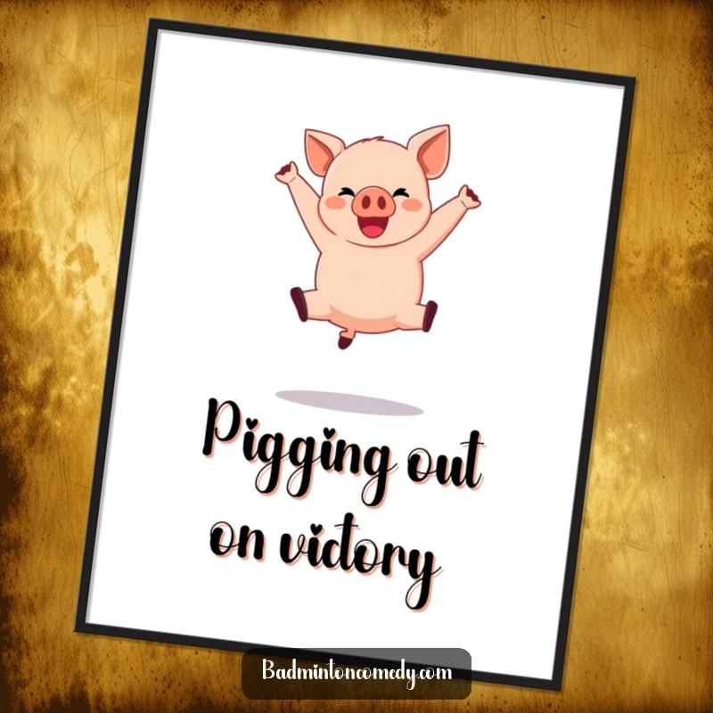 Funny Free Printable Wall Art of a happy pig character in mid-air, executing a dramatic and joyful jump shot.