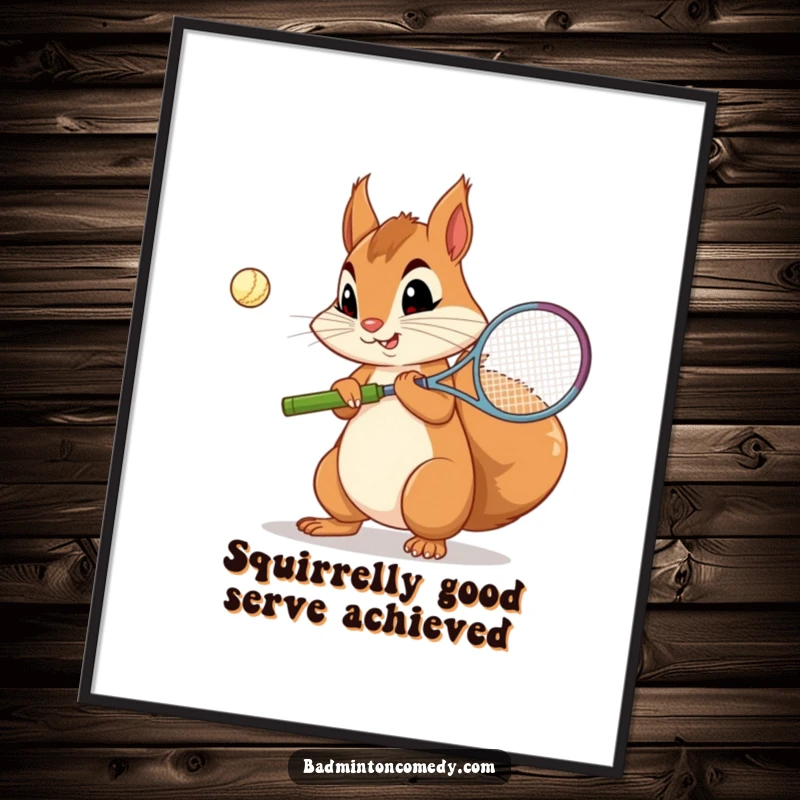 Funny Free Printable Wall Art showing a curious squirrel with a very concentrated face practicing its badminton serve.