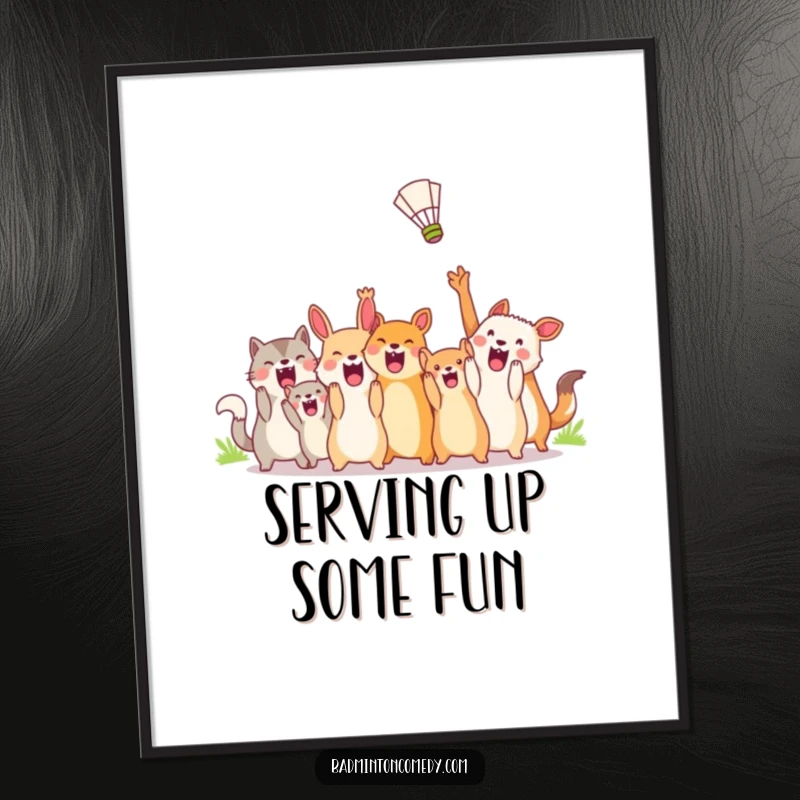 Funny Free Printable Wall Art: A group of animals cheering ecstatically as a shuttlecock flies past in a game.