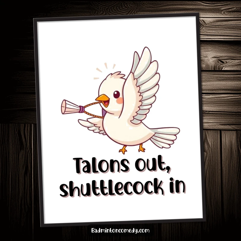 Funny Free Printable Wall Art: Bird soaring majestically with a shuttlecock in its beak, embodying cheerful flight.