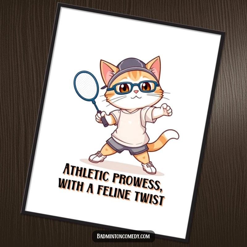 Funny Free Printable Wall Art: A cool cat in athletic gear, captured mid-swing with a badminton racket, ready to smash.