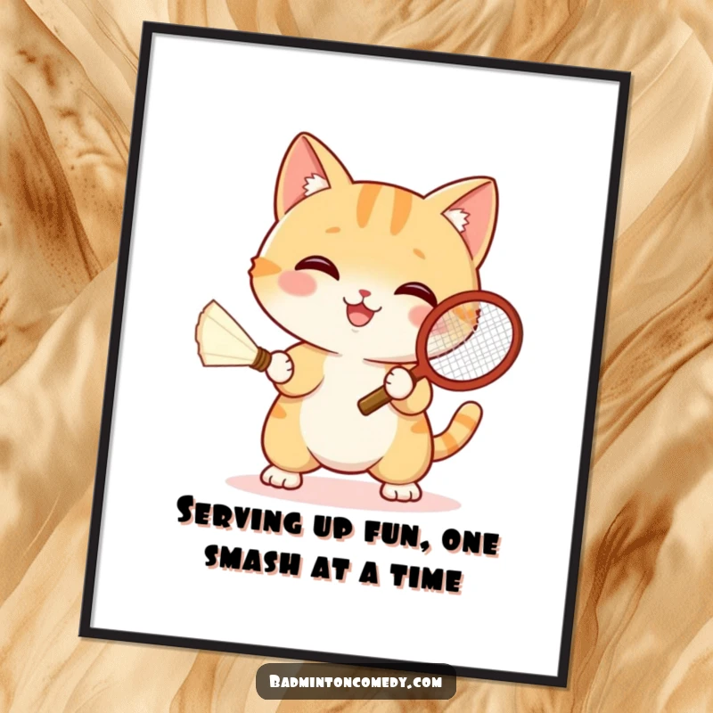Funny Free Printable Wall Art: A whimsical cat in athletic gear hitting a shuttlecock with a tiny racket, ready to serve up laughs.