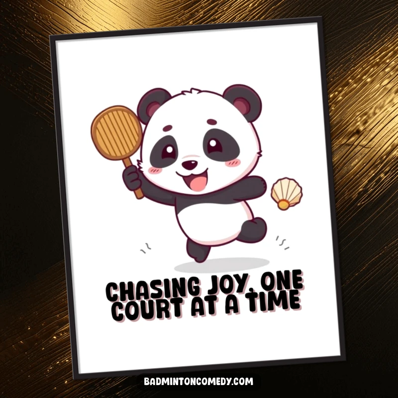 Funny Free Printable Wall Art: A lively panda skillfully chasing a shuttlecock across a court with pure excitement and joy.