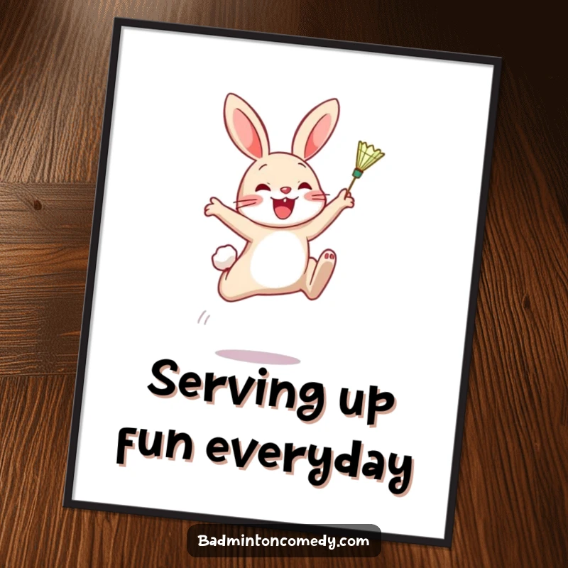 Funny Free Printable Wall Art: A joyful rabbit in mid-air, powerfully striking a shuttlecock, embodying athletic fun.