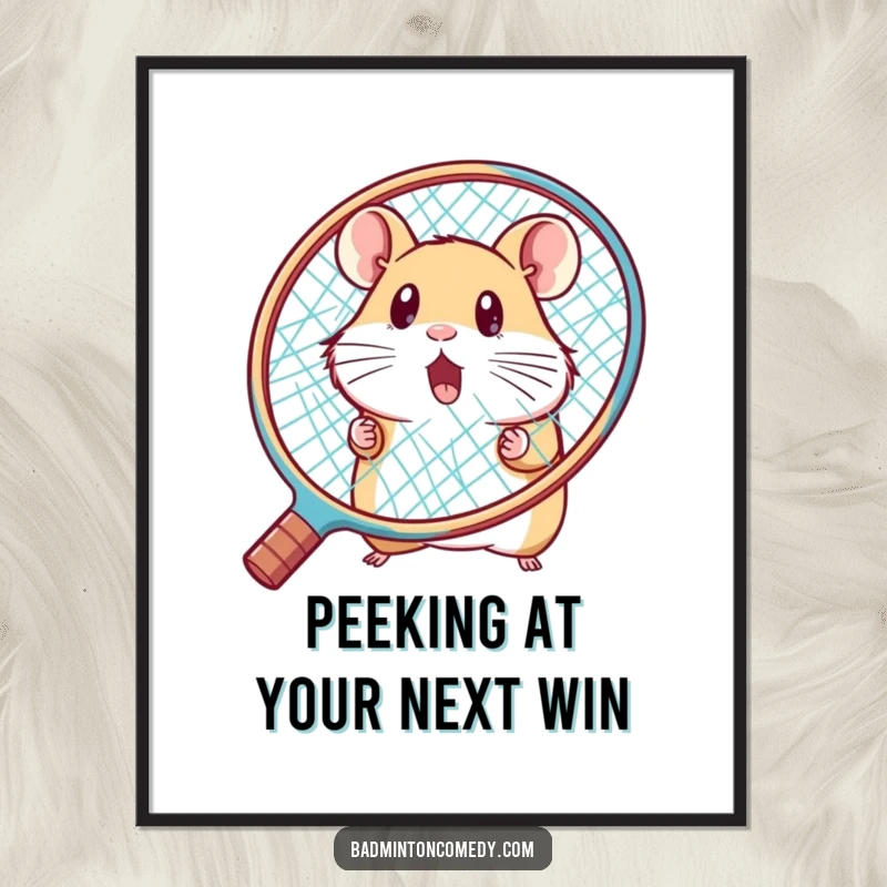 Funny Free Printable Wall Art: Hamster peeking with wide eyes from behind a large racket, full of playful surprise.