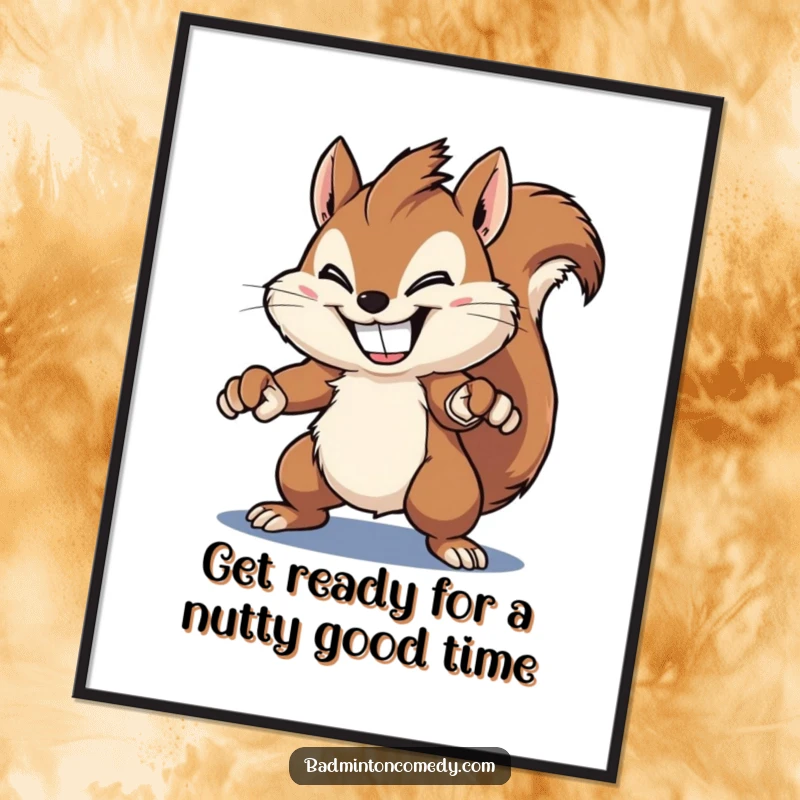 Funny Free Printable Wall Art: Fluffy squirrel with a wide grin, attempting a powerful smash, bringing athletic humor to decor.