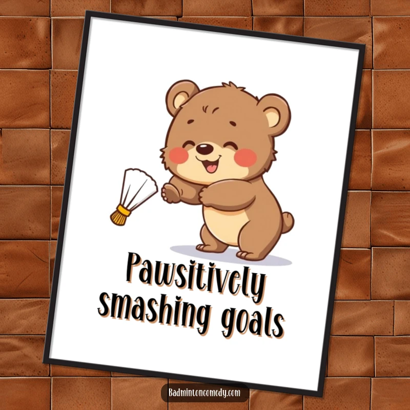 Funny Free Printable Wall Art: A smiling bear cub playfully attempts to hit a shuttlecock, capturing pure, innocent fun.