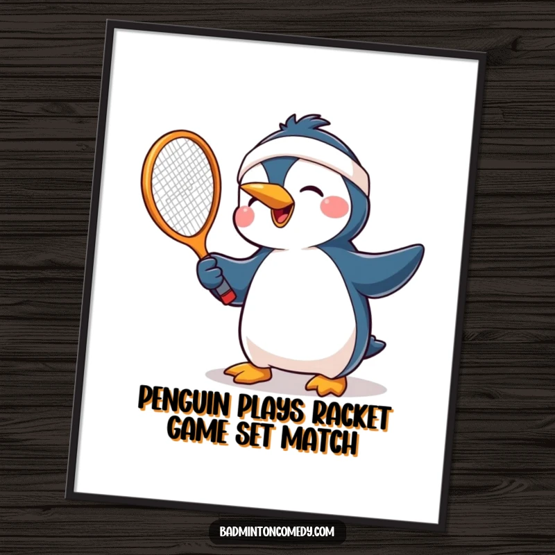 Funny Free Printable Wall Art: A joyful penguin wearing a headband swings a tennis racket with pure delight.