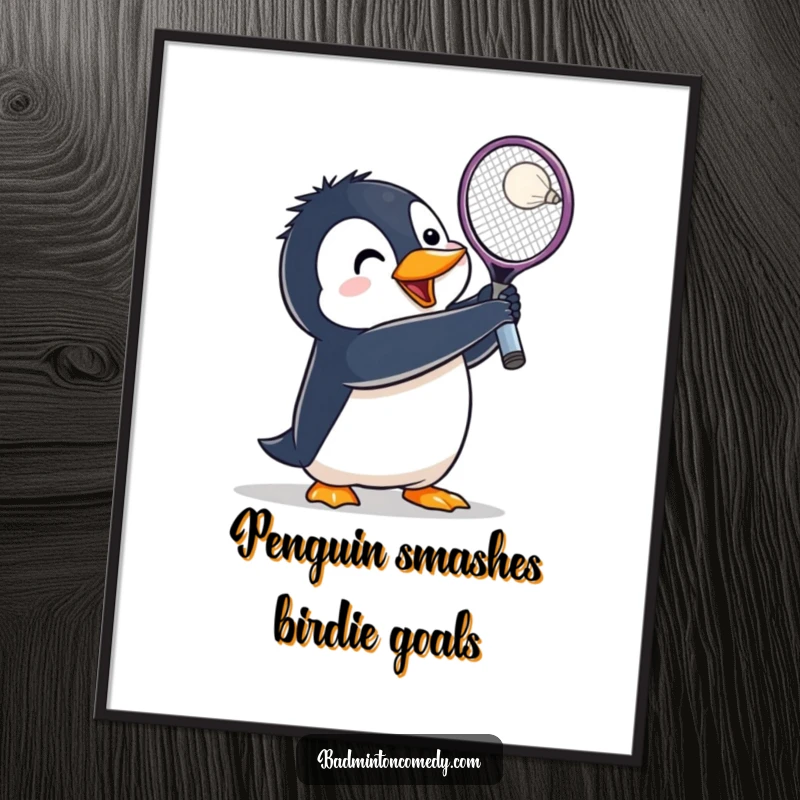 Funny Free Printable Wall Art: A penguin character lunging with a badminton racket raised high, ready to strike.