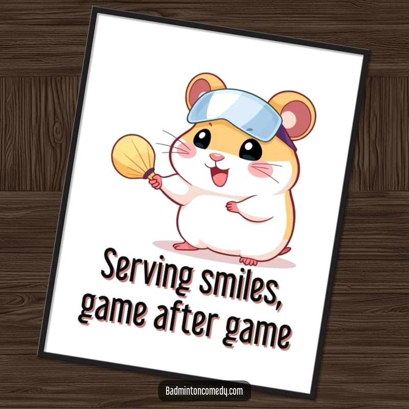 Funny Free Printable Wall Art: A cheerful hamster wearing a visor, enthusiastically serving a shuttlecock with a determined look.