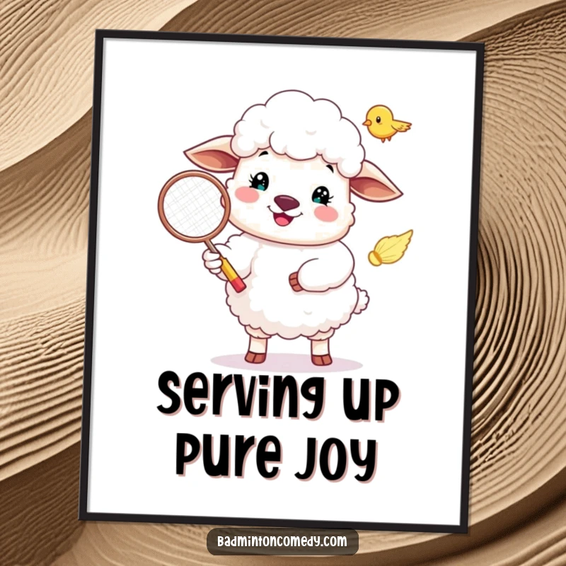 Funny Free Printable Wall Art: A fluffy sheep with a huge smile serves a badminton birdie with enthusiasm.