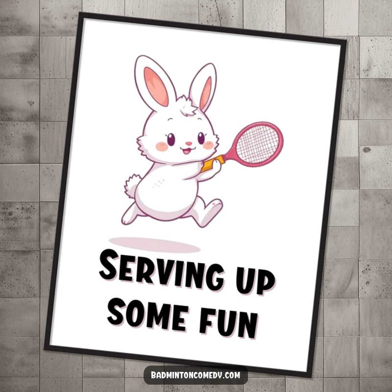 Funny Free Printable Wall Art: A fluffy bunny in mid-air, racket poised to smash a shuttlecock.