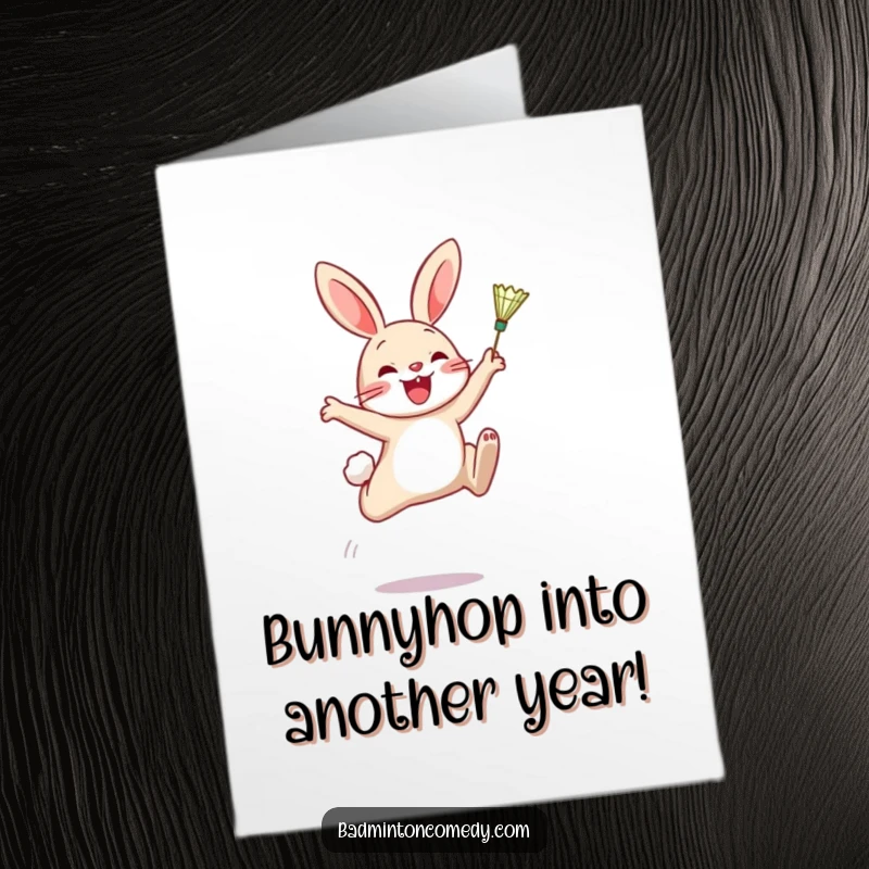 Funny Free Printable Birthday Card: A cheerful rabbit leaps mid-air, powerfully hitting a shuttlecock with pure joy.
