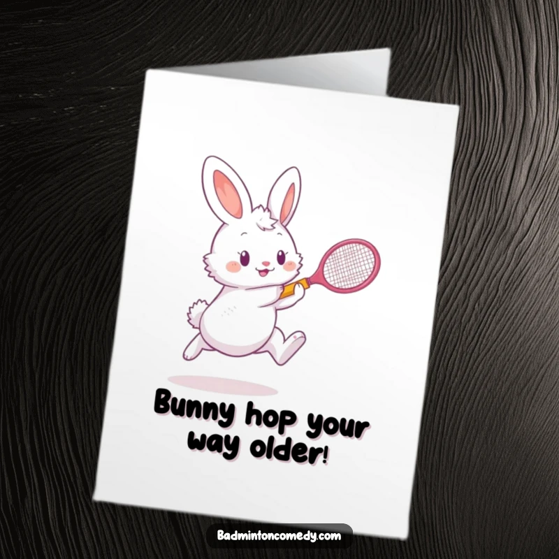 Funny Free Printable Birthday Card featuring a fluffy bunny leaping high to smash a shuttlecock with a tiny racket.