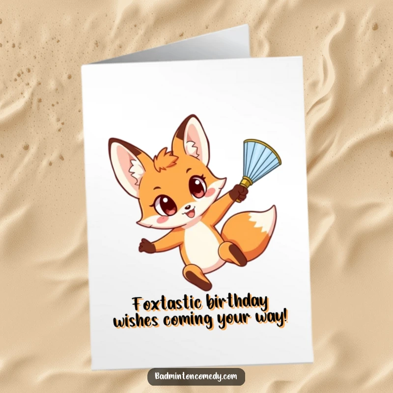 Funny Free Printable Birthday Card: Fox with Wide Eyes Leaping to Smash Shuttlecock Mid-Air.