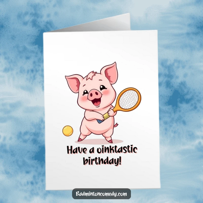 Funny Free Printable Birthday Card: Happy Piglet Enthusiastically Returning a Shot with a Racket.