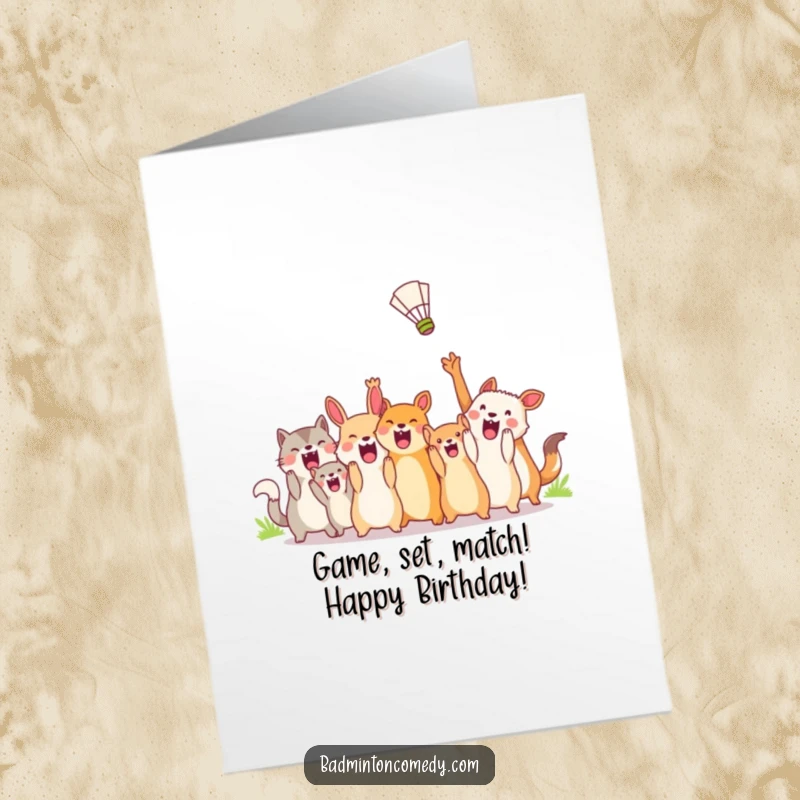 Funny Free Printable Birthday Card with excited animals cheering wildly, a shuttlecock zooming past, perfect for sports lovers.