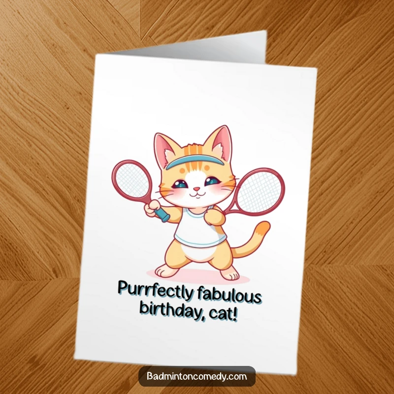Funny Free Printable Birthday Card: A cat character performing a precise wrist flick with a small racket.
