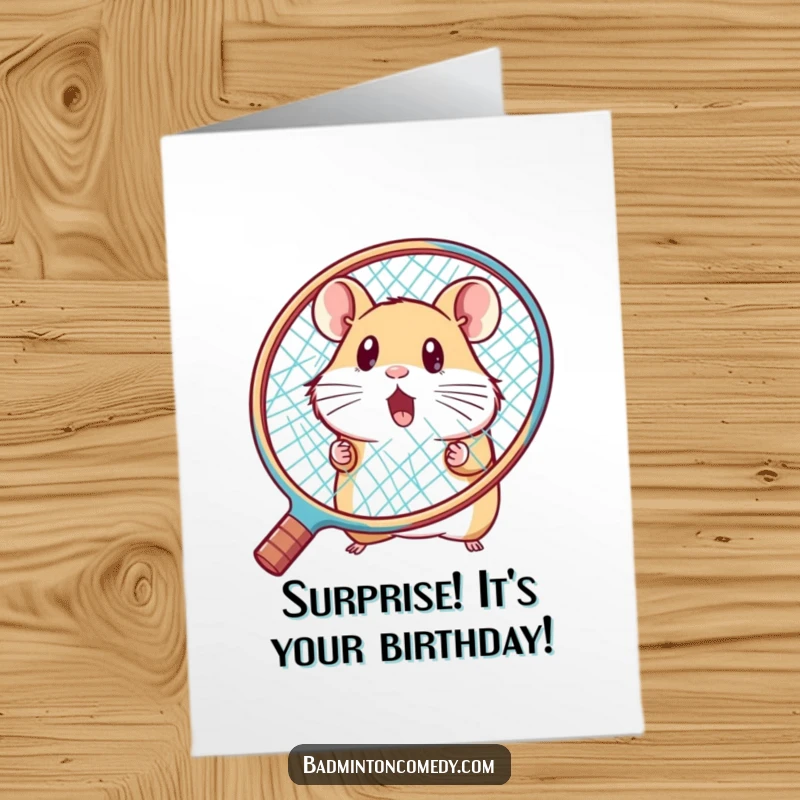 Funny Free Printable Birthday Card: Small hamster peeking in surprise from behind a giant tennis racket, ready for fun.