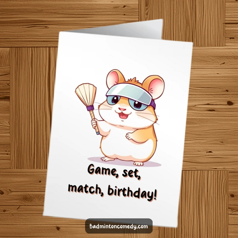 Funny Free Printable hamster serving a shuttlecock on a birthday card, ready for a tennis match surprise.