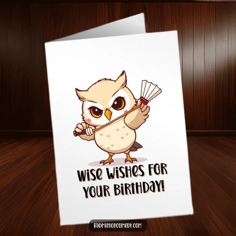 Funny Free Printable Birthday Card featuring a determined owl character intensely focused on accurately hitting a badminton shuttlecock.
