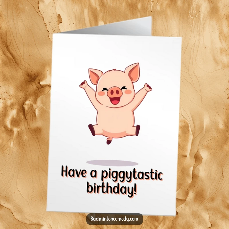 Funny Free Printable Birthday Card showing a happy pig character executing a dramatic mid-air jump shot with excitement.