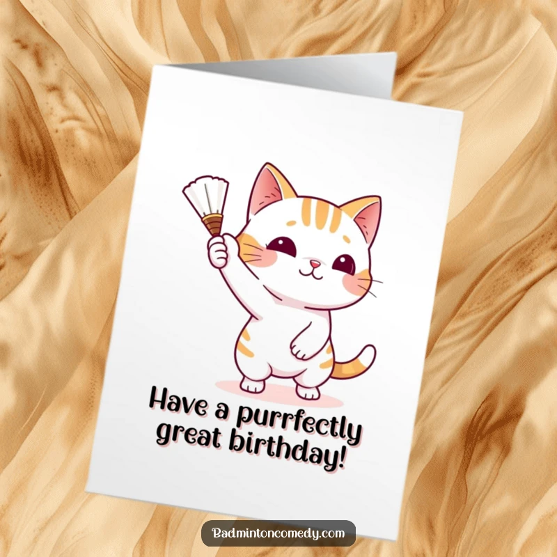 Funny free printable birthday card showing a mischievous cat playfully batting a shuttlecock with its paw, eyes full of glee.