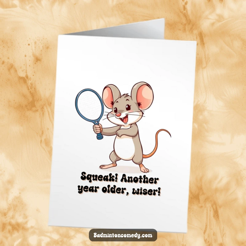 Funny Free Printable Birthday Card: A cheerful mouse powerfully smashing a shuttlecock with a racquet, birthday fun, downloadable gift.