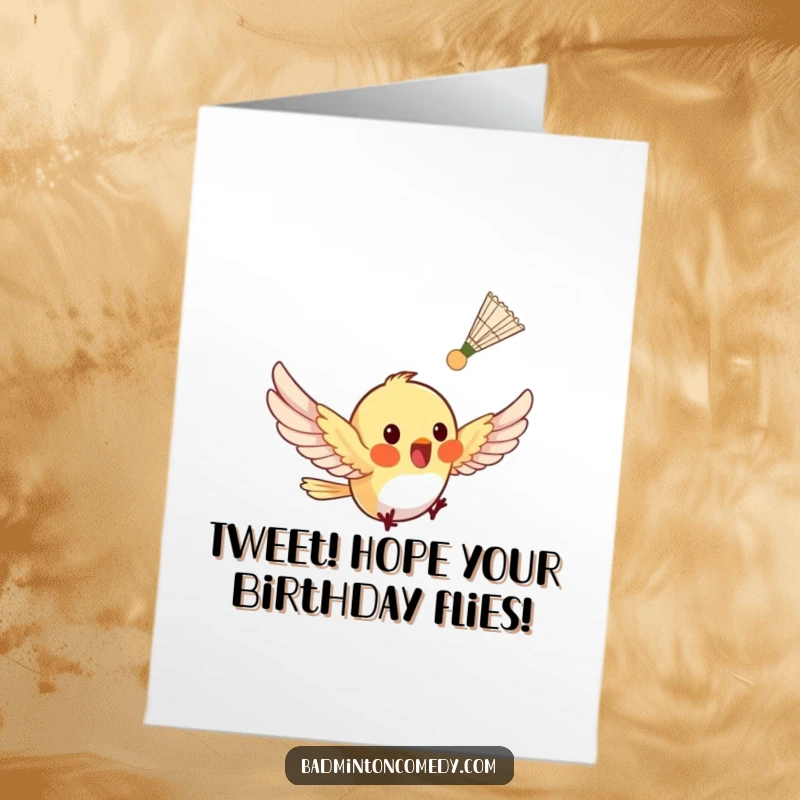 Funny Free Printable Birthday Card: A tiny bird excitedly fluttering after a shuttlecock, birthday cheer, downloadable gift.