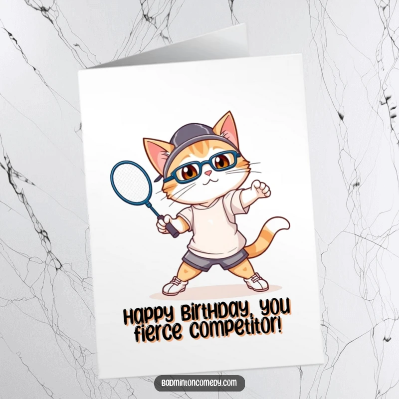 Funny Free Printable Birthday Card: A determined cat in athletic gear swinging a badminton racket with intense focus and energy.