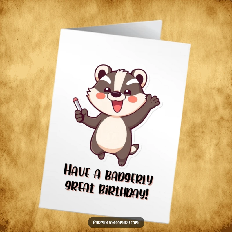 Funny Free Printable Birthday Card: Badger Jumps Triumphantly, Celebrating a Point Won.