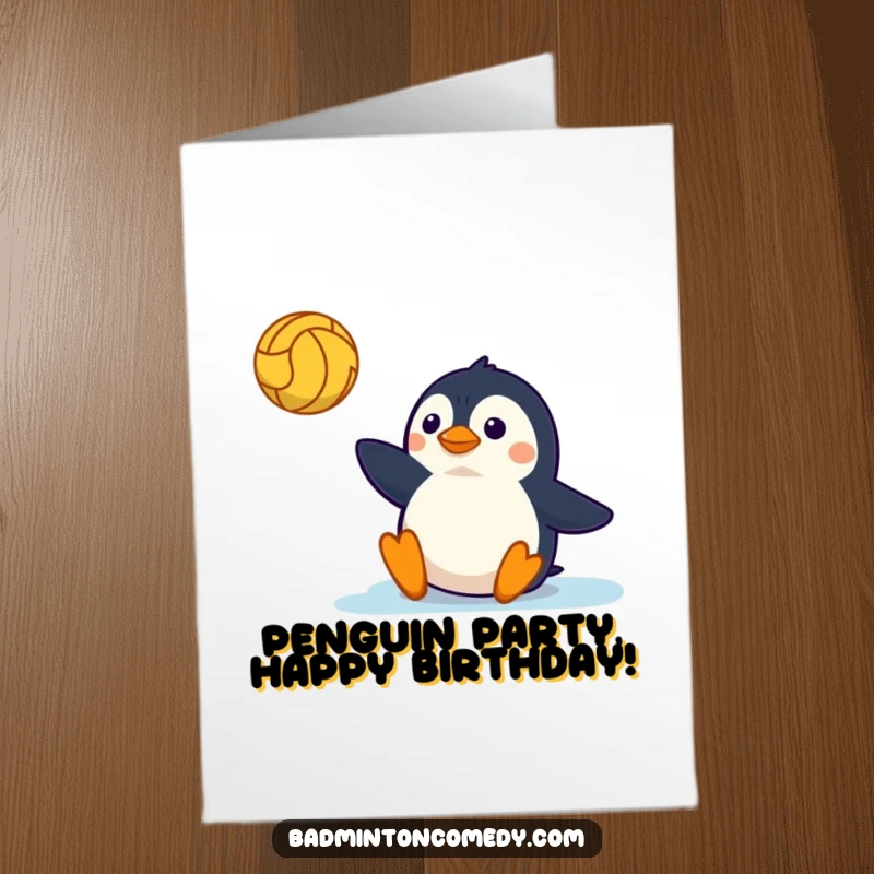 Funny Free Printable Birthday Card: A determined penguin character comically sliding on a court, reaching for a volley.