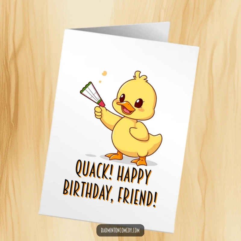 Funny Free Printable Birthday Card: Duck Playfully Batting a Shuttlecock with a Squeaky Toy.