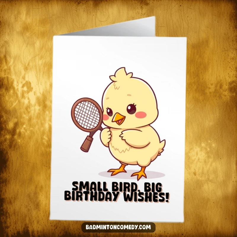 Funny Free Printable Birthday Card: A tiny chick with a racket pecks a shuttlecock, ready for a badminton match.