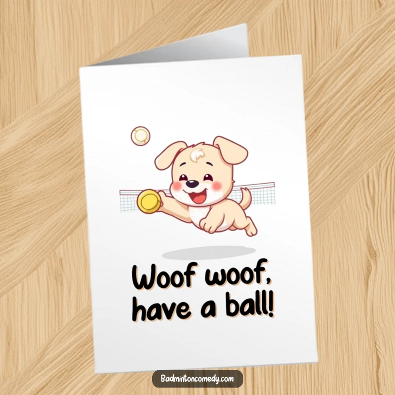 Funny Free Printable Birthday Card: Happy puppy character diving enthusiastically for a shuttlecock on a court.