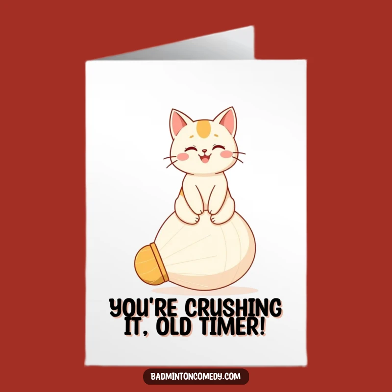 Free Printable Birthday Card: Proud Cat on Shuttlecock Humorous Downloadable Gift