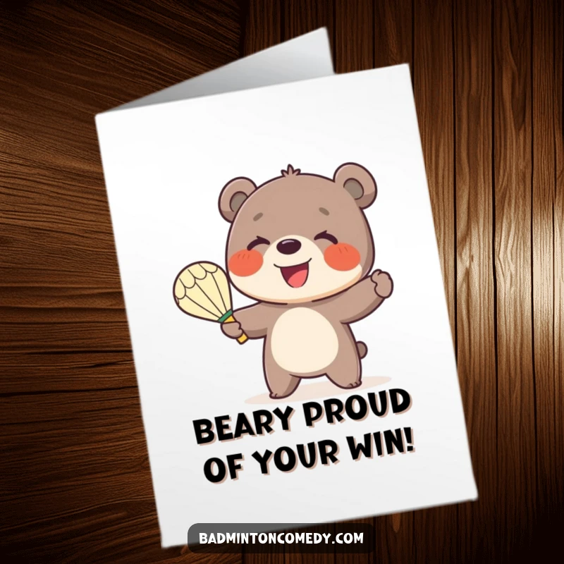 Funny Free Printable Congratulations Card: A happy bear enthusiastically serving a shuttlecock, celebrating a win.